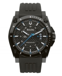Heavy duty design for extreme function and accuracy, by Bulova. Part of the Precisionist collection, watch keeps time accurate to ten seconds a year. Round black-plated stainless steel case and black rubber strap. Black lugs at four corners of crown. Carbon dial with applied index features silvertone stick indices, date window at three o'clock, luminous hour and minute hands, blue continuously sweeping second hand and logo. Quartz movement. Water resistant to 300 meters. Three-year limited warranty. Heavy duty design for extreme function and accuracy, by Bulova. Part of the Precisionist collection, watch keeps time accurate to ten seconds a year. Round black-plated stainless steel case and black rubber strap. Black lugs at four corners of crown. Carbon dial with applied index features silvertone stick indices, date window at three o'clock, luminous hour and minute hands, blue continuously sweeping second hand and logo. Quartz movement. Water resistant to 300 meters. Three-year limited warranty.