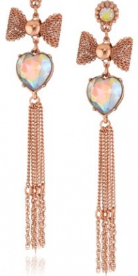 Betsey Johnson Iconic Vintage Rose Crystal Heart and Mesh Bow Linear Drop Earrings Betsey Johnson Iconic Vintage Rose Crystal Heart and Mesh Bow Linear Drop Earrings