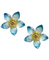 Channel the tropics in this playful style. Betsey Johnson's stunning flower stud earrings feature bold blue, white, and yellow enamel with sparkling crystal accents. Set in gold-plated mixed metal. Approximate diameter: 1-1/3 inches. Channel the tropics in this playful style. Betsey Johnson's stunning flower stud earrings feature bold blue, white, and yellow enamel with sparkling crystal accents. Set in gold-plated mixed metal. Approximate diameter: 1-1/3 inches.