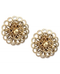 Floral framework. These fresh earrings by Jones New York lend a lovely look with a detailed floral design. Crafted in worn gold tone mixed metal. Clip-on backing for non-pierced ears. Approximate diameter: 1-1/4 inches. Floral framework. These fresh earrings by Jones New York lend a lovely look with a detailed floral design. Crafted in worn gold tone mixed metal. Clip-on backing for non-pierced ears. Approximate diameter: 1-1/4 inches.