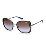 This glamorous oversized shape is right on trend, featuring a sleek combination of plastic and metal. Lenses are a combination of brown and violet gradient. Look hot in this gunmetal/turquoise/brown style.