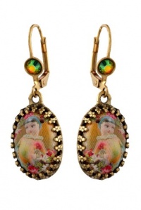 Michal Negrin Vintage Dangle Earrings with She Shy Rainbow Cameo and Green Swarovski Crystals - Victorian Style, very feminine