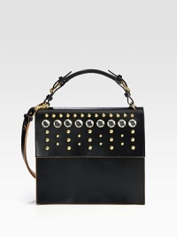 A modern and avant-garde brand with beautifully-crafted pieces such as this luxurious leather style accented with dazzling stones and studs.Top handle, 5¾Detachable adjustable shoulder strap, 12¼-20¾ dropMagnetic snap flap closure10½W X 9¾H X 2½DMade in Italy A modern and avant-garde brand with beautifully-crafted pieces such as this luxurious leather style accented with dazzling stones and studs.Top handle, 5¾Detachable adjustable shoulder strap, 12¼-20¾ dropMagnetic snap flap closure10½W X 9¾H X 2½DMade in Italy