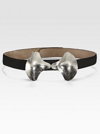 Hammered metal details create a bow silhouette on this sleek leather design.About 1¼ wideLeatherMade in Italy of imported fabric Hammered metal details create a bow silhouette on this sleek leather design.About 1¼ wideLeatherMade in Italy of imported fabric