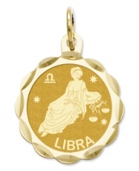 Tell everyone your sign in style! This scalloped and polished disc charm features the Libra Zodiac in 14k gold. Chain not included. Approximate length: 9/10 inch. Approximate width: 3/5 inch. Tell everyone your sign in style! This scalloped and polished disc charm features the Libra Zodiac in 14k gold. Chain not included. Approximate length: 9/10 inch. Approximate width: 3/5 inch.