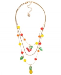 Who knew fruit could be so fashionable? Betsey Johnson's antique gold tone mixed metal necklace is a colorful mixed bag: pineapple with green details and crystal accents, red cherries, green and gold-tone leaves, red, yellow, and red faceted beads. Approximate length: 16 inches + 3-inch extender. Approximate drop: 3-3/4 inches. Who knew fruit could be so fashionable? Betsey Johnson's antique gold tone mixed metal necklace is a colorful mixed bag: pineapple with green details and crystal accents, red cherries, green and gold-tone leaves, red, yellow, and red faceted beads. Approximate length: 16 inches + 3-inch extender. Approximate drop: 3-3/4 inches.