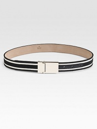 A sporty style with high-contrast stripes, leather back and a sleek metal buckle. Acetate/cotton/polypropyleneWidth, about 1Made in Italy A sporty style with high-contrast stripes, leather back and a sleek metal buckle. Acetate/cotton/polypropyleneWidth, about 1Made in Italy