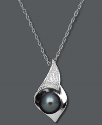Sculptural and stylish. This unique pendant style features a black cultured freshwater pearl (7-8 mm), sparkling diamond accents, and a sterling silver setting. Approximate length: 18 inches. Approximate drop: 9/10 inch. Sculptural and stylish. This unique pendant style features a black cultured freshwater pearl (7-8 mm), sparkling diamond accents, and a sterling silver setting. Approximate length: 18 inches. Approximate drop: 9/10 inch.