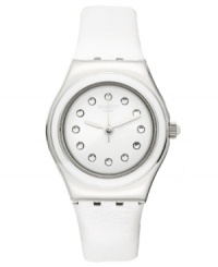 The wonderful blend of shimmering crystals and polished steel create this Plummy White watch from Swatch. The wonderful blend of shimmering crystals and polished steel create this Plummy White watch from Swatch.