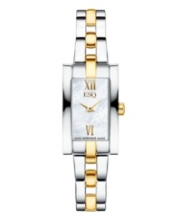 Golden touches add elegance to this versatile Linque watch by ESQ by Movado. Two-tone stainless steel bracelet and rectangular case. Mother-of-pearl dial features gold tone Roman numerals at twelve and six o'clock, two hands and logo. Swiss quartz movement. Water resistant to 30 meters. Two-year limited warranty. Golden touches add elegance to this versatile Linque watch by ESQ by Movado. Two-tone stainless steel bracelet and rectangular case. Mother-of-pearl dial features gold tone Roman numerals at twelve and six o'clock, two hands and logo. Swiss quartz movement. Water resistant to 30 meters. Two-year limited warranty.