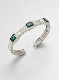 Three cushion-cut green quartz stones set in intricately textured sterling silver. Green quartzSterling silverDiameter, about 2.3Hinged closureImported Three cushion-cut green quartz stones set in intricately textured sterling silver. Green quartzSterling silverDiameter, about 2.3Hinged closureImported