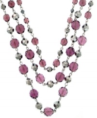 Chic and coordinated. Three rows of fashionably faceted glass beads in a complementary purple and gray palette make a striking statement on this 2028 necklace. Crafted in hematite tone mixed metal. Approximate length: 16 inches + 3-inch extender. Chic and coordinated. Three rows of fashionably faceted glass beads in a complementary purple and gray palette make a striking statement on this 2028 necklace. Crafted in hematite tone mixed metal. Approximate length: 16 inches + 3-inch extender.