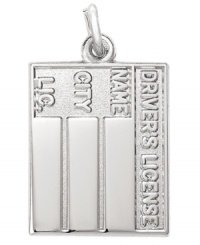 Hit the road! Rembrandt's driver's license charm is the perfect gift for someone who has just passed their driving test. Set in sterling silver. Approximate drop: 1 inch. Hit the road! Rembrandt's driver's license charm is the perfect gift for someone who has just passed their driving test. Set in sterling silver. Approximate drop: 1 inch.