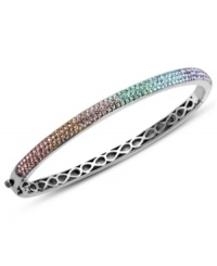 Slim, stackable style. Kaleidoscope's thin shimmering bangle makes a statement all its own, but can also be stacked with similar styles for a trendy layered look. Features a rainbow of round-cut light blue, light green, peach, beige, light pink, light purple and purple crystals with Swarovski Elements. Set in sterling silver. Bracelet features a hinge clasp. Approximate diameter: 2-1/2 inches. Slim, stackable style. Kaleidoscope's thin shimmering bangle makes a statement all its own, but can also be stacked with similar styles for a trendy layered look. Features a rainbow of round-cut light blue, light green, peach, beige, light pink, light purple and purple crystals with Swarovski Elements. Set in sterling silver. Bracelet features a hinge clasp. Approximate diameter: 2-1/2 inches.