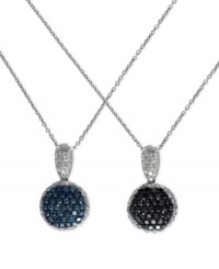 Elegant options abound in this 14k white gold necklace from Diversa by EFFY Collection. The reversible pendant features round-cut blue (3/8 ct. t.w.), black (5/8 ct. t.w.) and white (5/8 ct. t.w.) diamonds to stunning effect. Approximate length: 18 inches. Approximate drop length: 3/4 inch. Approximate drop width: 3/8 inch.