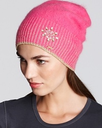 Juicy Couture's angora-blend beanie keeps you cozy-chic throughout the season with metallic accents and a punchy color palette. Juicy Couture's angora-blend beanie keeps you cozy-chic throughout the season with metallic accents and a punchy color palette.