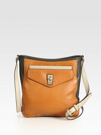 A colorblocked design of butter-soft leather with a front flap pocket. Adjustable shoulder strap, 20-22½ dropTop zip closureOne outside open pocketOne outside flap pocketOne inside zip pocketTwo inside open pocketsLogo-printed lining10½W X 10H X 1¾DImported A colorblocked design of butter-soft leather with a front flap pocket. Adjustable shoulder strap, 20-22½ dropTop zip closureOne outside open pocketOne outside flap pocketOne inside zip pocketTwo inside open pocketsLogo-printed lining10½W X 10H X 1¾DImported