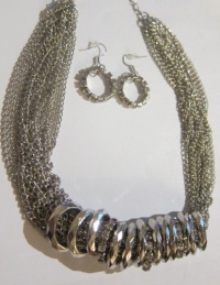 Multiple Silver Plated Chain Choker Necklace with Matching Earrings Multiple Silver Plated Chain Choker Necklace with Matching Earrings
