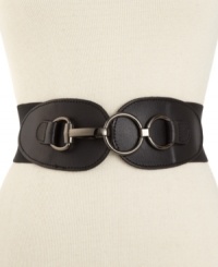Be the center of attention with this bold Steve Madden stretch belt with eye-catching hook hardware at the front. Be the center of attention with this bold Steve Madden stretch belt with eye-catching hook hardware at the front.