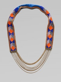Colorful glass beads in striking geometric shapes cover a leather strap, edged in bold chains with delicate chains draped at the bottom.GlassLeatherGoldtoneCotton backingLength, about 18½Imported Colorful glass beads in striking geometric shapes cover a leather strap, edged in bold chains with delicate chains draped at the bottom.GlassLeatherGoldtoneCotton backingLength, about 18½Imported