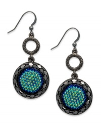 Add allure to your weekend look. These drop earrings from Style&co. bring charm with blue glitter stones on a rounded pendant. Crafted in hematite tone mixed metal. Approximate drop: 1-3/4 inches. Add allure to your weekend look. These drop earrings from Style&co. bring charm with blue glitter stones on a rounded pendant. Crafted in hematite tone mixed metal. Approximate drop: 1-3/4 inches.