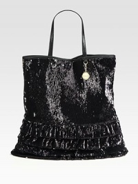 Shine from day to night with this roomy sequined tote bag, featuring bottom ruffles and smooth leather handles. Double leather top handles, 7 dropMagnetic snap closureOne inside zip pocketCotton lining13¼W X 14½H X 2DMade in Italy Shine from day to night with this roomy sequined tote bag, featuring bottom ruffles and smooth leather handles. Double leather top handles, 7 dropMagnetic snap closureOne inside zip pocketCotton lining13¼W X 14½H X 2DMade in Italy