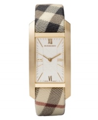 This Burberry watch features a Haymarket check fabric strap and rectangular gold ion-plated stainless steel case. White sunray dial with inner check-patterned dial featuers gold tone Roman numerals at twelve and six o'clock, stick indices, minute track, two hands and logo. Swiss made. Quartz movement. Water resistant to 30 meters. Two-year limited warranty. This Burberry watch features a Haymarket check fabric strap and rectangular gold ion-plated stainless steel case. White sunray dial with inner check-patterned dial featuers gold tone Roman numerals at twelve and six o'clock, stick indices, minute track, two hands and logo. Swiss made. Quartz movement. Water resistant to 30 meters. Two-year limited warranty.