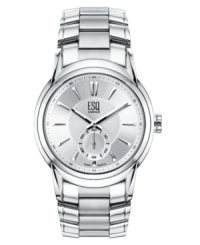 Complete your style quest with this flawless watch by ESQ by Movado. Stainless steel bracelet and round case. Silvertone dial with tonal stick indices, logo and subdial. Swiss made. Swiss movement. Water resistant to 30 meters. Two-year limited warranty. Complete your style quest with this flawless watch by ESQ by Movado. Stainless steel bracelet and round case. Silvertone dial with tonal stick indices, logo and subdial. Swiss made. Swiss movement. Water resistant to 30 meters. Two-year limited warranty.