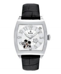 Floral accents lend femininity to this handsome watch by Bulova. Floral accents lend femininity to this handsome watch by Bulova.
