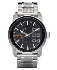Inspired style by Diesel. This watch features an etched stainless steel bracelet and round case, 54x46mm. Black dial with applied stick indices and logo. Quartz movement. Water resistant to 100 meters. Two-year limited warranty. Inspired style by Diesel. This watch features an etched stainless steel bracelet and round case, 54x46mm. Black dial with applied stick indices and logo. Quartz movement. Water resistant to 100 meters. Two-year limited warranty.