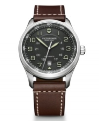 Perfection has a face. Airboss watch by Victorinox Swiss Army crafted of brown biologically-tanned leather strap with contrast stitching and round stainless steel case with anti-reflective crystal. Black dial features luminous applied numerals, minute track, military time, date window at six o'clock, luminous hands and logo. Swiss automatic movement. Water resistant to 100 meters. Three-year limited warranty. Perfection has a face. Airboss watch by Victorinox Swiss Army crafted of brown biologically-tanned leather strap with contrast stitching and round stainless steel case with anti-reflective crystal. Black dial features luminous applied numerals, minute track, military time, date window at six o'clock, luminous hands and logo. Swiss automatic movement. Water resistant to 100 meters. Three-year limited warranty.