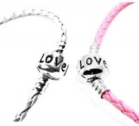 2-Pack Set of Bracelets: 8 Inch Pastel Pink & White Pandora & Chamilia Compatible 'Love' Charm Starter Bracelet, Braided Woven Leather, Tarnish-Resistant Silver Plated Snap Box Barrel Clasp