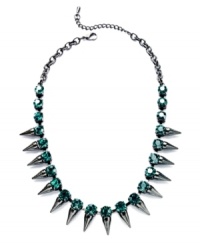 Look sharp with this necklace from Bar III. Crafted from hematite tone mixed metal, the necklace is adorned with spikes and emerald glass crystals for a bit of fashion on the edge. Approximate length: 16 inches + 2-inch extender. Look sharp with this necklace from Bar III. Crafted from hematite tone mixed metal, the necklace is adorned with spikes and emerald glass crystals for a bit of fashion on the edge. Approximate length: 16 inches + 2-inch extender.