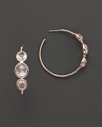 From the Rosé collection, three-clear quartz stones on rose gold hoops. Designed by Ippolita. From the Rosé collection, three-clear quartz stones on rose gold hoops. Designed by Ippolita.