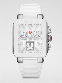 From the Jelly Bean Collection. A technical timepiece with glossy enamel accents and a playful, silicone strap. Swiss quartz movementWater resistant to 5 ATMRectangular stainless steel case, 33mm (1.3) X 35.5mm (1.4)Logo embellished white enamel bezelWhite enamel chronograph dialNumeric and dot hour markersSecond hand White silicone strapImported From the Jelly Bean Collection. A technical timepiece with glossy enamel accents and a playful, silicone strap. Swiss quartz movementWater resistant to 5 ATMRectangular stainless steel case, 33mm (1.3) X 35.5mm (1.4)Logo embellished white enamel bezelWhite enamel chronograph dialNumeric and dot hour markersSecond hand White silicone strapImported