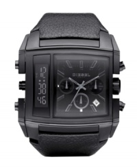 Step into the future with this ultra-modern watch by Diesel. Black leather strap and square black ion-plated stainless steel case, 56x52mm. Black chronograph dial features digital display at left and analog display at right with silvertone stick indices, date window, three subdials and logo. Quartz movement. Water resistant to 50 meters. Two-year limited warranty. Step into the future with this ultra-modern watch by Diesel. Black leather strap and square black ion-plated stainless steel case, 56x52mm. Black chronograph dial features digital display at left and analog display at right with silvertone stick indices, date window, three subdials and logo. Quartz movement. Water resistant to 50 meters. Two-year limited warranty.