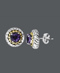 Simple studs are a great way to instantly elevate your look. Crafted in sterling silver with 14k gold rope edging, earrings feature round-cut amethyst (1-3/8 ct. t.w.). Approximate diameter: 3/8 inch. Simple studs are a great way to instantly elevate your look. Crafted in sterling silver with 14k gold rope edging, earrings feature round-cut amethyst (1-3/8 ct. t.w.). Approximate diameter: 3/8 inch.