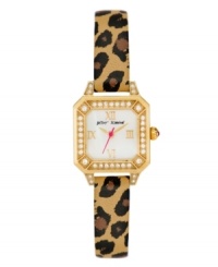 Show off your wild side with this fierce watch by the one and only Betsey Johnson. Brown and black leopard print leather strap and square gold tone stainless steel case. Bezel embellished with crystal accents. White mother-of-pearl dial features gold tone Roman numerals at twelve, three, six and nine o'clock, gold tone hour and minute hands, fuchsia second hand and logo. Quartz movement. Water resistant to 30 meters. Two-year limited warranty. Show off your wild side with this fierce watch by the one and only Betsey Johnson. Brown and black leopard print leather strap and square gold tone stainless steel case. Bezel embellished with crystal accents. White mother-of-pearl dial features gold tone Roman numerals at twelve, three, six and nine o'clock, gold tone hour and minute hands, fuchsia second hand and logo. Quartz movement. Water resistant to 30 meters. Two-year limited warranty.
