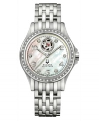 A timepiece of total sophistication. Kirkwood collection watch by Bulova Accutron crafted of stainless steel bracelet and round case with clear back and curved sapphire crystal. Bezel and dial embellished with 51 hand-set diamond accents. Mother-of-pearl dial features silver tone numerals at markers, black minute track, logo and aperture view of movement at twelve o'clock. Swiss mechanical Sellita movement. Water resistant to 100 meters. Five-year limited warranty. A timepiece of total sophistication. Kirkwood collection watch by Bulova Accutron crafted of stainless steel bracelet and round case with clear back and curved sapphire crystal. Bezel and dial embellished with 51 hand-set diamond accents. Mother-of-pearl dial features silver tone numerals at markers, black minute track, logo and aperture view of movement at twelve o'clock. Swiss mechanical Sellita movement. Water resistant to 100 meters. Five-year limited warranty.