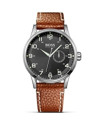 A luxe leather strap with contrast stitching lends a preppy finish to this classic aviator-inspired timepiece featuring luminova indexes and numerals from HUGO BOSS. A luxe leather strap with contrast stitching lends a preppy finish to this classic aviator-inspired timepiece featuring luminova indexes and numerals from HUGO BOSS.
