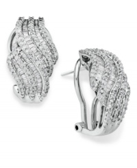 Subtly sparkling and precisely detailed, these elegant earrings are boldly dramatic yet timeless. Crafted in sterling silver with round and baguette-cut diamonds (1 ct. t.w.). Approximate diameter: 1/2 inch. Subtly sparkling and precisely detailed, these elegant earrings are boldly dramatic yet timeless. Crafted in sterling silver with round and baguette-cut diamonds (1 ct. t.w.). Approximate diameter: 1/2 inch.