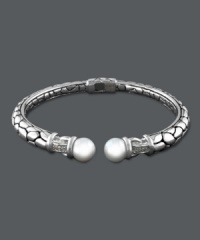 Polished to perfection. Balissima by Effy Collection's stylish bangle provides the perfect last-minute touch with its chic cultured freshwater pearl ends (5-5-1/2 mm) and sparkling diamond accents. Crafted in textured sterling silver. Approximate diameter: 2-1/2 inches. Polished to perfection. Balissima by Effy Collection's stylish bangle provides the perfect last-minute touch with its chic cultured freshwater pearl ends (5-5-1/2 mm) and sparkling diamond accents. Crafted in textured sterling silver. Approximate diameter: 2-1/2 inches.