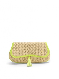 THE LOOKNatural raffia with bright neon leather trimCurvy flap styleSnap flap closure with tassel pullSignature goldtone S studOne inside logo printed open pocketTHE MEASUREMENT9W X 5H X ¼DTHE MATERIALRaffiaLeather trimFully linedORIGINImported THE LOOKNatural raffia with bright neon leather trimCurvy flap styleSnap flap closure with tassel pullSignature goldtone S studOne inside logo printed open pocketTHE MEASUREMENT9W X 5H X ¼DTHE MATERIALRaffiaLeather trimFully linedORIGINImported