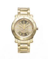A hidden treasure in plain sight, by Juicy Couture. HRH watch crafted of gold tone stainless steel bracelet and round case with numeral-etched bezel. Gold tone dial with inner textured gold tone dial features rose gold tone stick indices, minute track, luminous hands and iconic crown logo. Quartz movement. Water resistant to 30 meters. Two-year limited warranty. A hidden treasure in plain sight, by Juicy Couture. HRH watch crafted of gold tone stainless steel bracelet and round case with numeral-etched bezel. Gold tone dial with inner textured gold tone dial features rose gold tone stick indices, minute track, luminous hands and iconic crown logo. Quartz movement. Water resistant to 30 meters. Two-year limited warranty.