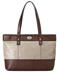 Opt for artisanal accessorizing with this chic colorblock shopper from Fossil. Buttery-soft leather is outfitted with signature detailing, while the generous interior easily stows, eReader, PDA, makeup case, and more. Opt for artisanal accessorizing with this chic colorblock shopper from Fossil. Buttery-soft leather is outfitted with signature detailing, while the generous interior easily stows, eReader, PDA, makeup case, and more.
