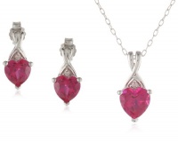Sterling Silver Created Ruby and Diamond Heart Earrings and Pendant Necklace Set, 18 Sterling Silver Created Ruby and Diamond Heart Earrings and Pendant Necklace Set, 18