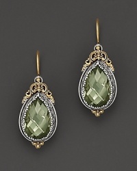 Faceted prasiolite teardrops, framed in sterling silver and finished with elegant 18K yellow gold scrollwork. Faceted prasiolite teardrops, framed in sterling silver and finished with elegant 18K yellow gold scrollwork.