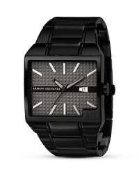 Accent an urban look with Armani Exchange's matte-black chronograph. Wear this edgy square-shaped piece to put your personal stamp on strict tailoring. Accent an urban look with Armani Exchange's matte-black chronograph. Wear this edgy square-shaped piece to put your personal stamp on strict tailoring.
