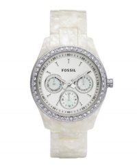 Marbled white and glittering crystals make this Stella watch by Fossil one that won't fade into the background. Marbled white and glittering crystals make this Stella watch by Fossil one that won't fade into the background.