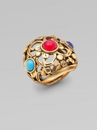 This colorful piece features resin cabochons and rhinestone details set on a pretty filigree design. Resin stonesGlass stonesBrass and pewterWidth, about 1¼Size adjustable from 7 to 8½Made in USA This colorful piece features resin cabochons and rhinestone details set on a pretty filigree design. Resin stonesGlass stonesBrass and pewterWidth, about 1¼Size adjustable from 7 to 8½Made in USA